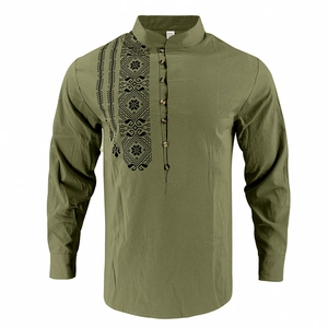 Detail of olive green linen shirt showing ethnic embroidery and five-button henley collar