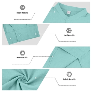 Dettaglio della camicia henley verde menta con colletto alla coreana e trama in cotone lino