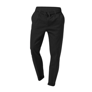 Detail of men's black drawstring chinos with elastic waist and cuffed hems in a slim fit