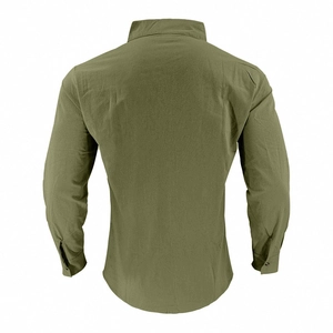 Rear view of army green men's linen Henley shirt with long sleeves and textured fabric
