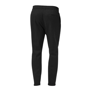 Detail of men's black casual trousers featuring elastic waist and rear welt pocket