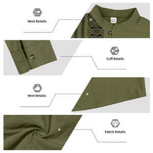 Detail view of olive green linen shirt featuring ethnic prints and wooden buttons
