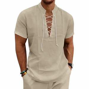 Camicia da uomo in misto lino kaki a maniche corte con scollo a V con lacci e vestibilità casual