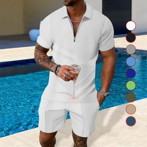 Men's summer set detail featuring breathable waffle fabric texture and a zip-up polo collar