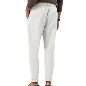 Detail of men's casual trousers featuring elastic waist, rear pocket and fine fabric texture