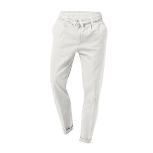 Detail of men's casual pants showing drawstring elastic waistband and side pockets
