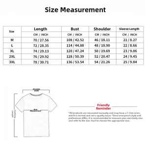 Detailed size chart for men's short sleeve casual summer t-shirt in CM and INCH