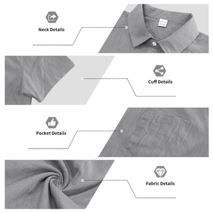 Detalle del cuello, bolsillo y textura de algodón de una camisa de lino gris para hombre