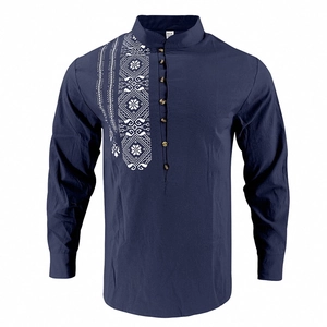 Detailed close-up of navy linen shirt with mandarin collar and ethnic floral pattern