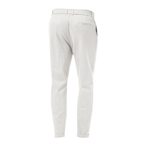 Detail of off-white men's trousers featuring elastic waist with belt loops and back pocket