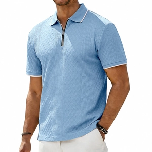 Men's light blue knit Polo shirt with textured herringbone pattern and zipper collar
