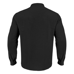 Vista posteriore della camicia Henley nera in cotone e lino con colletto alla coreana