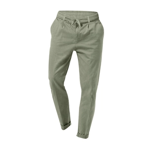 Detail view of olive green drawstring waistband and cuffed hem on casual men's trousers