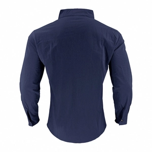 Rear view of a navy blue bohemian linen shirt for men showing yoke stitching details