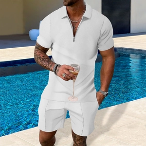 Detail of men's white waffle knit summer set featuring a stylish zipper polo collar