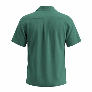 Rear view of dark green short-sleeve shirt with vertical texture and back yoke detail