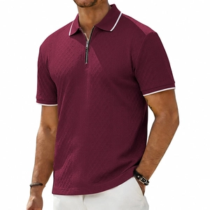 Men's wine red polo shirt with zipper collar, contrast trim and jacquard texture