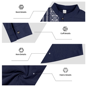 Detailed views of navy linen shirt showing embroidery, neck, cuff, and fabric texture