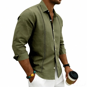 Detail of olive green linen casual shirt featuring vertical hollow-out design and white buttons