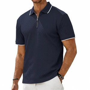 Men's navy polo shirt with herringbone texture and contrast tipped zip collar