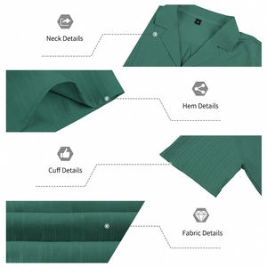 Detailed views of Cuban collar, sleeve hem, and vertical stripe texture on men shirt