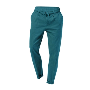 Detail of drawstring waistband and texture on men's casual cotton trousers