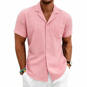 Detailed texture of pink short sleeve Cuban collar shirt with vertical striped knit fabric