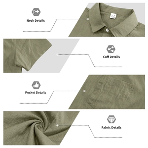 Detalle de la camisa de lino verde oliva que muestra el cuello, los puños y la textura de tela