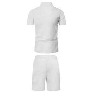 Rear view of white waffle knit men's polo shirt and shorts set with elastic waist