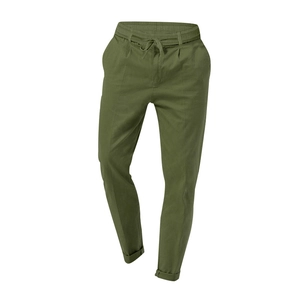 Detail of olive green casual pants showing elastic drawstring waist and cotton fabric texture