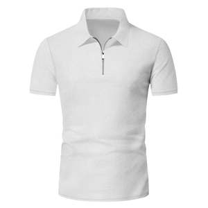 Close-up of white waffle knit fabric and quarter-zip collar on men's slim fit polo shirt