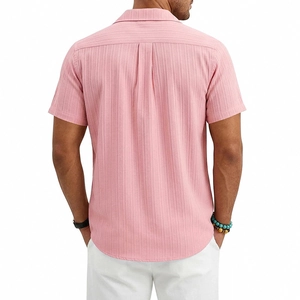 Detail view of pink Cuban collar shirt back with inverted pleat and striped texture