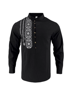 Close-up of black linen Henley shirt with white geometric tribal print and button details