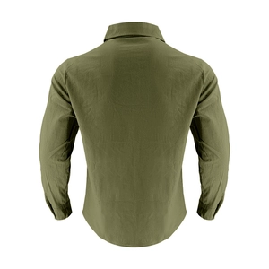 Detailed back view of men's olive green long-sleeve linen shirt with buttoned cuffs