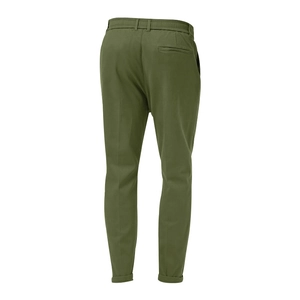 Detail of olive green casual trousers with elastic waist, back pocket and cuffed hem