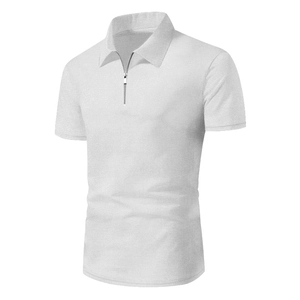 Detail of white waffle knit polo shirt showing a modern silver metal zipper neckline