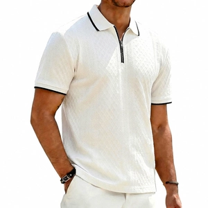 Men's off-white jacquard polo shirt with zipper collar and chevron texture pattern