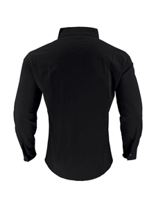 Rear view of black long sleeve linen shirt for men featuring a curved hem and woven texture