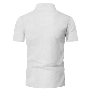 Rear view of white men's short sleeve polo shirt featuring waffle texture fabric