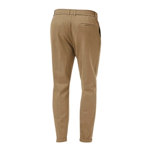 Detail view of khaki tapered casual trousers with elastic waist and back welt pocket