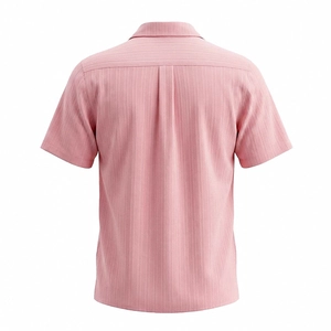 Detailed back view of pink short-sleeve Cuban collar shirt with textured knit and box pleat