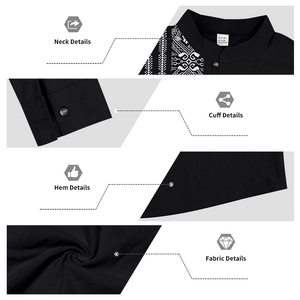 Close-up of ethnic geometric pattern embroidery on black linen shirt neck and cuffs