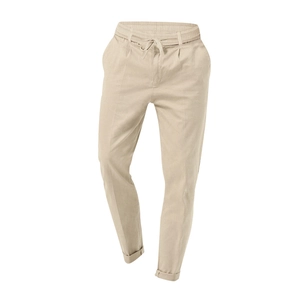 Detailed view of elastic drawstring waist and pocket on beige casual trousers