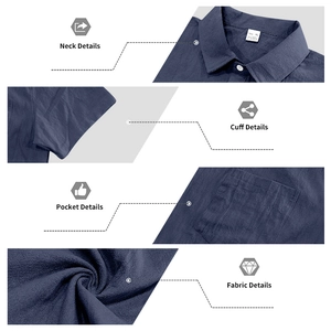 Detalle de camisa de lino azul marino que muestra cuello, puños, bolsillos y textura de tela