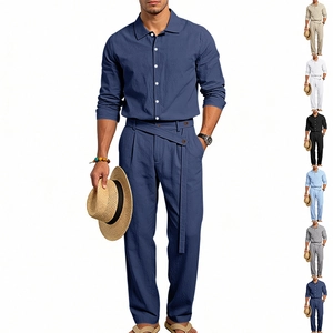 Ensemble Chemise Et Pantalon Décontracté en Lin Et Coton pour Hommes Haut à Manches Longues Boutonné Et Pantalon à Cordon