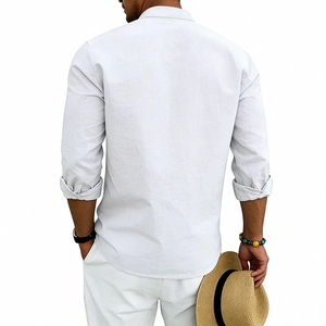 Rear view of a men's linen long sleeve shirt in light grey with natural fabric texture