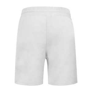 Rear view of white men's waffle knit shorts featuring elastic waistband and soft texture