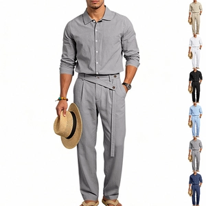 Ensemble en lin pour hommes avec chemise à manches longues et pantalon à cordons longs