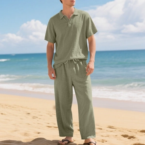 Heren Linnen Zomer Strand Outfit Set Korte Mouw Poloshirt En Trekkoord Lange Broek Casual 2-Delige Vakantiekleding