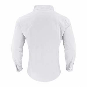Rear view of men's white linen long-sleeve Henley shirt with turn-down collar detail